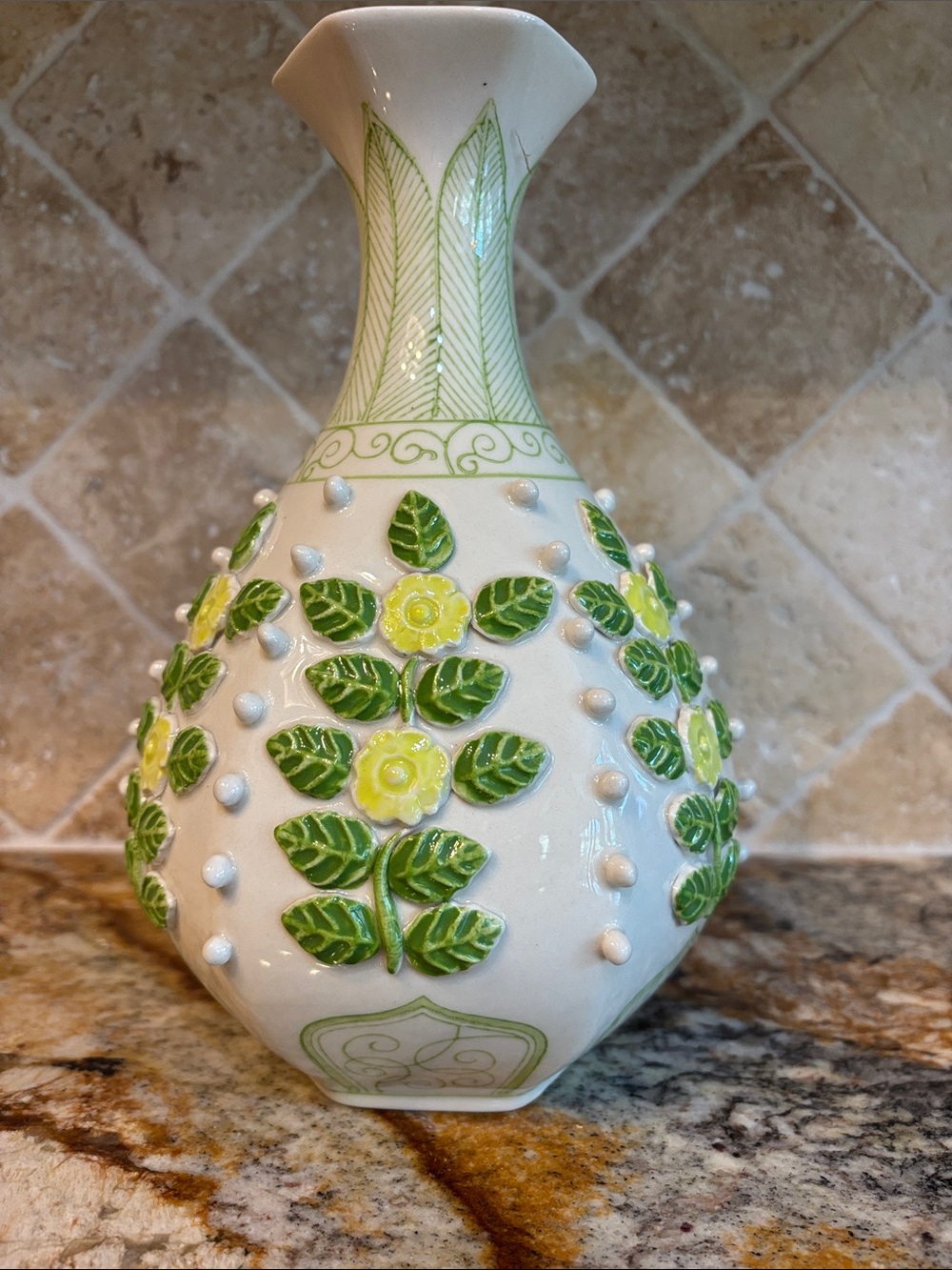 Anthropologie Ceramic Vase with Green Leaf and Yellow Flower Relief